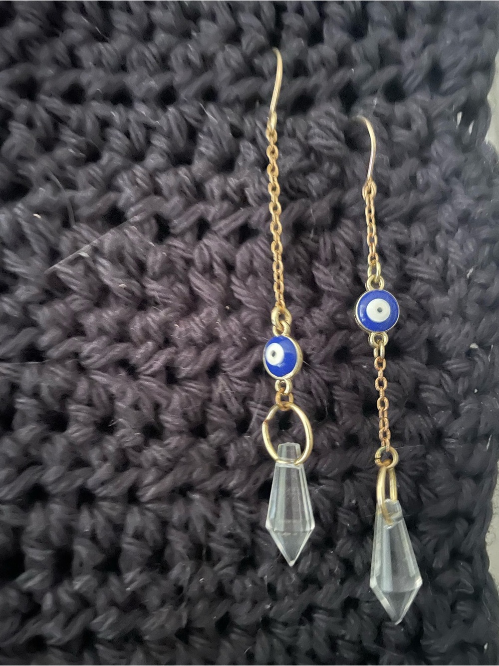 Vintage Gold-Tone Blue Evil Eye Drop Earrings with Crystal Points